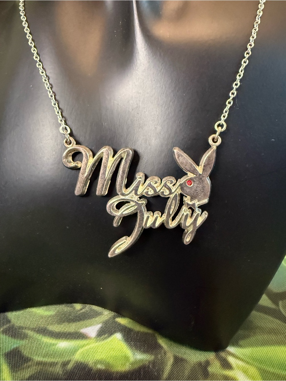 Vintage Y2K Playboy "Miss July" Birthstone Script Necklace - Silver Tone